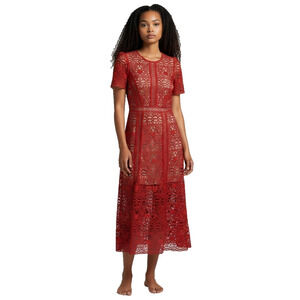 Self-Portrait Crimson Red Crochet Lace Midi Dress